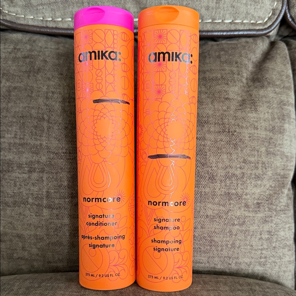 amika Normcore Shampoo & Conditioner Set - Bright Orange with Pink Cap